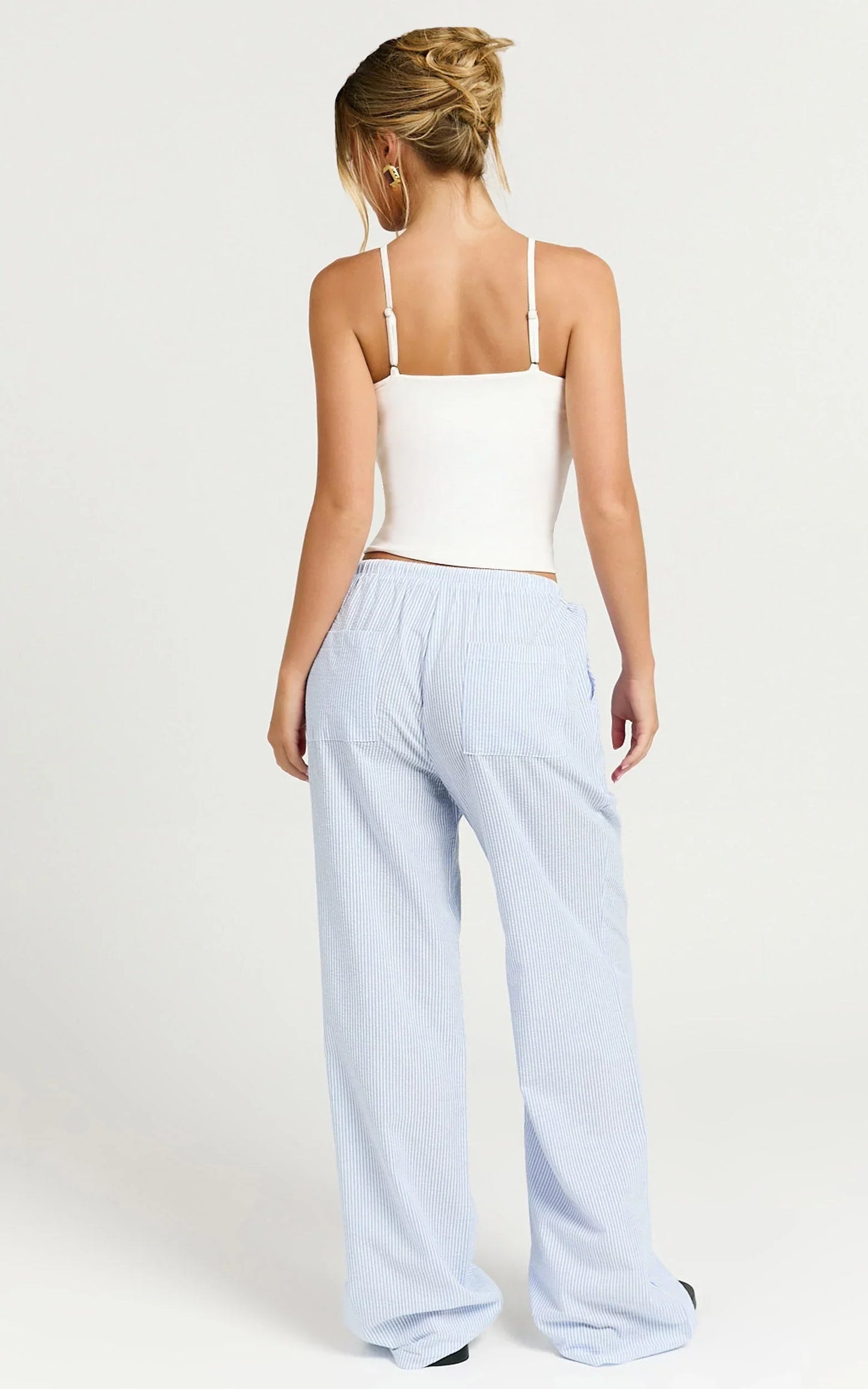 Harlo Pants - Mid Waisted Relaxed Leg Stripe Pants in Blue/ White
