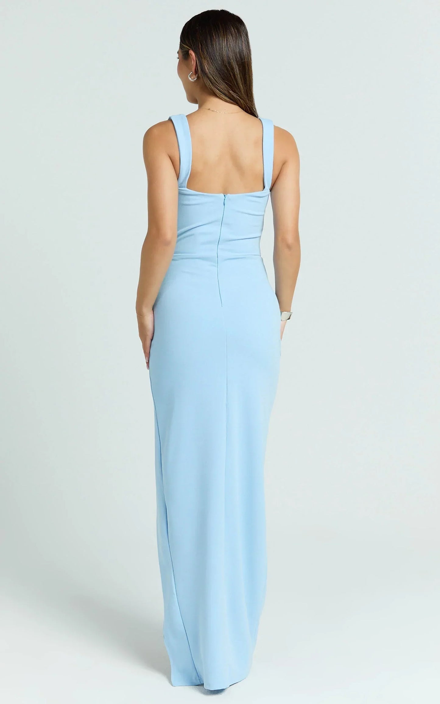 Donna Maxi Dress - Cowl Neck Column High Split Dress in Soft Blue