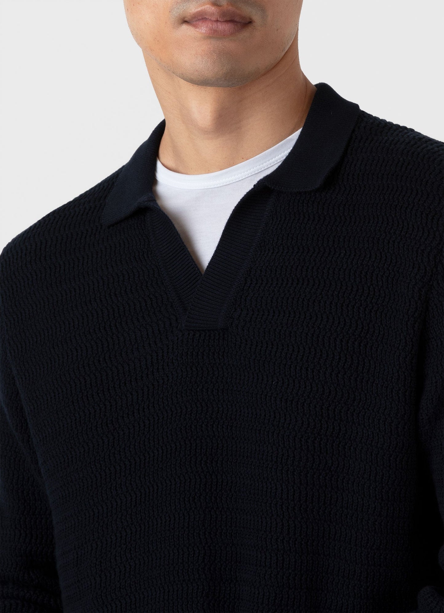 Mens Long Sleeve Textured Cotton Polo Shirt In Navy Mpol8277 Buaa