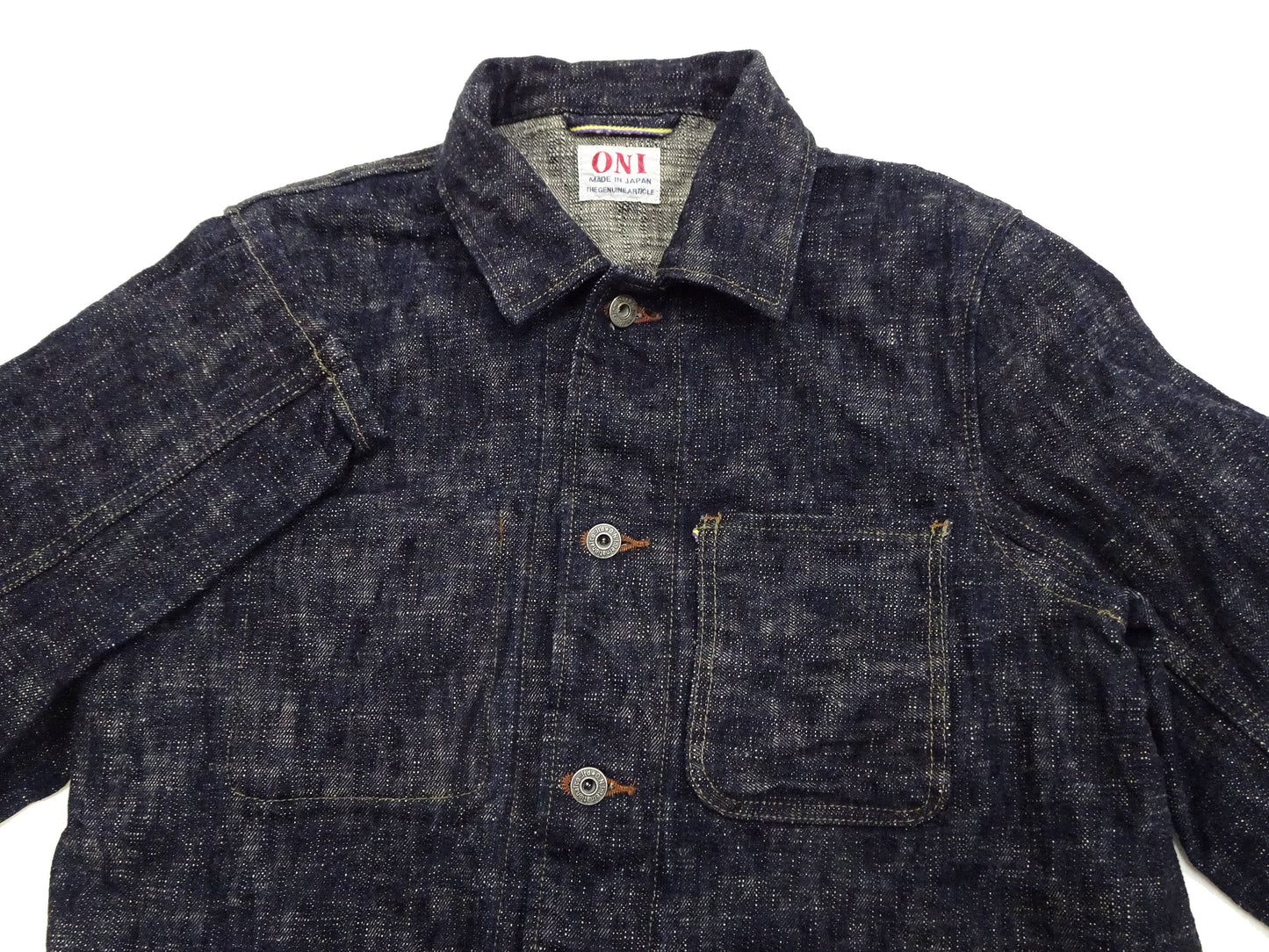 Oni Denim Jacket 03502-kasuri Men's Casual Slim-Fit 17oz. ONI-Kasuri Slub Selvedge Denim Work Coat Chore Coat Indigo One-Wash