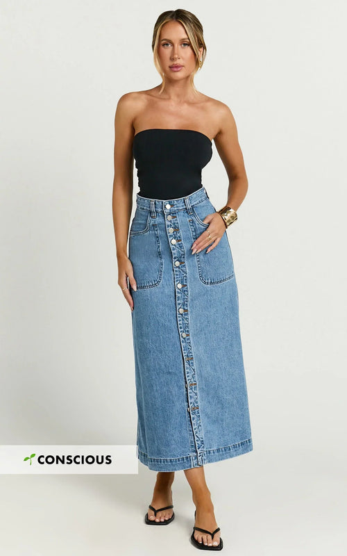 Alisa Midi Skirt - Button Through A Line Denim in Mid Blue Wash