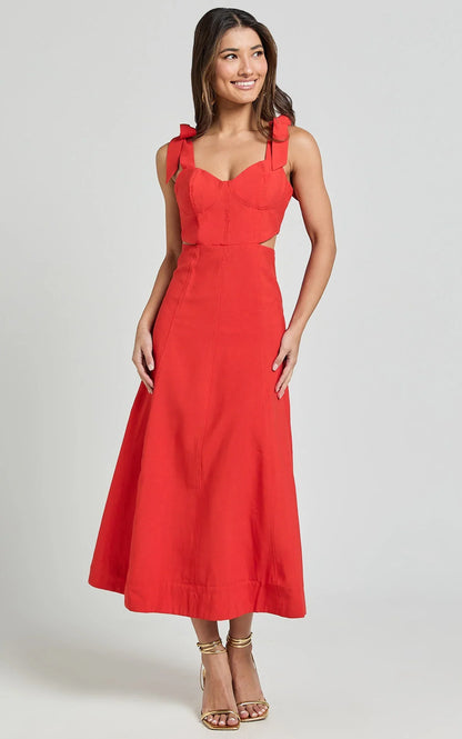 Giana Midi Dress - Shoulder Tie Cut Out Thigh Split Dress in Red