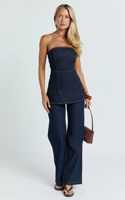 Emman Jeans - High Waisted Cotton Wide Leg Denim Jeans in Raw Denim with Tobacco Stitch