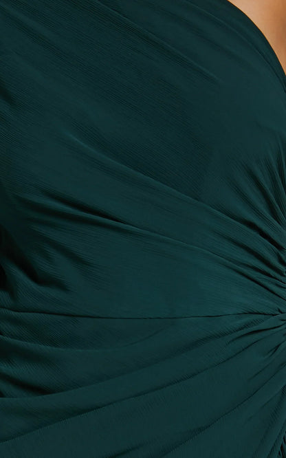 Grittah Midi Dress - One Shoulder Bishop Sleeve High Split Ruched Dress in Emerald