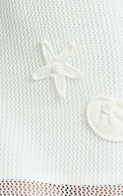Alodia Maxi Dress - Sheer Crochet Knit With Crochet Seashells And Keyhole Dress in Off White