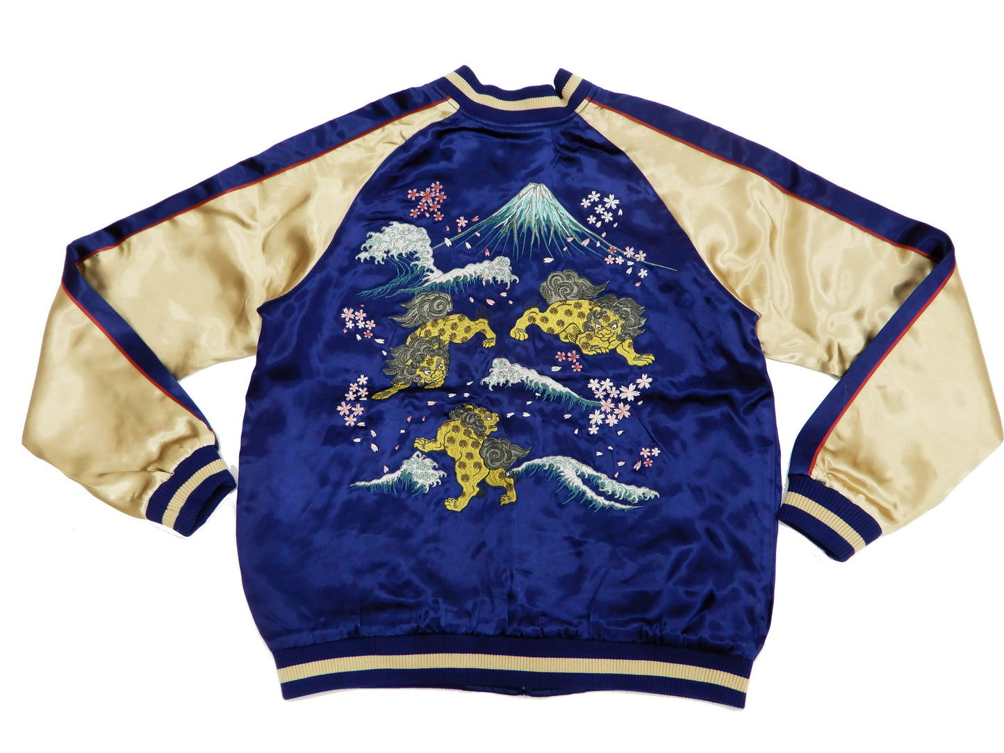 Japanesque Men's Japanese Souvenir Jacket Komainu Embroidered Sukajan 3RSJ-046 Navy-Blue/Beige