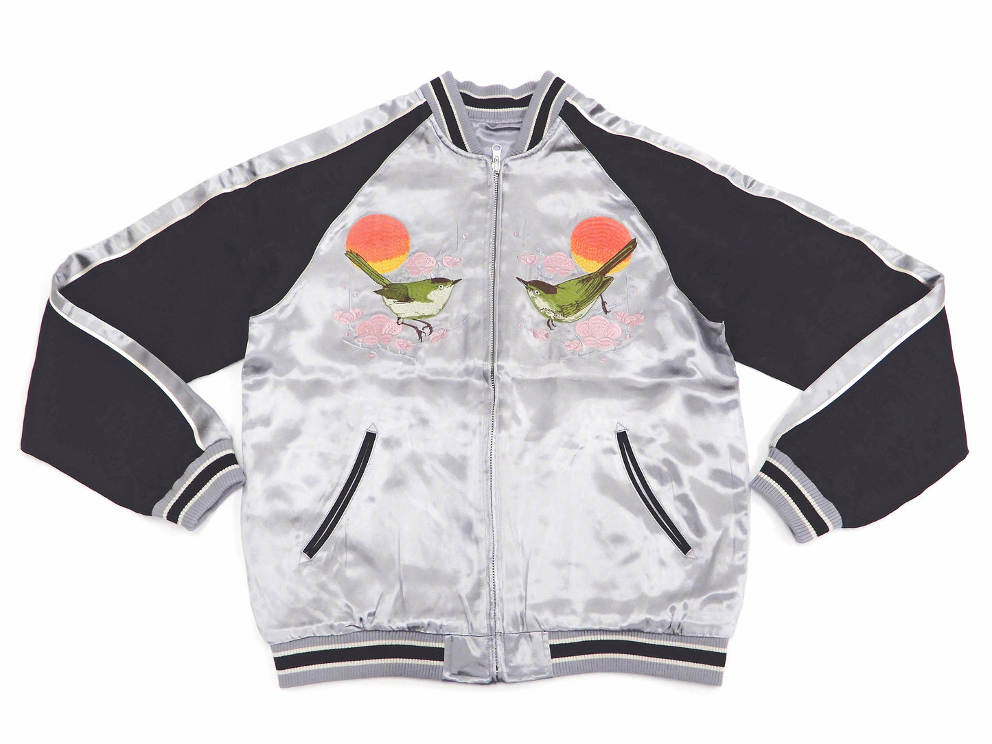 Japanesque Sukajan Men's Japanese Souvenir Jacket Japanese Bush Warbler 3RSJ-751 Gray/Black