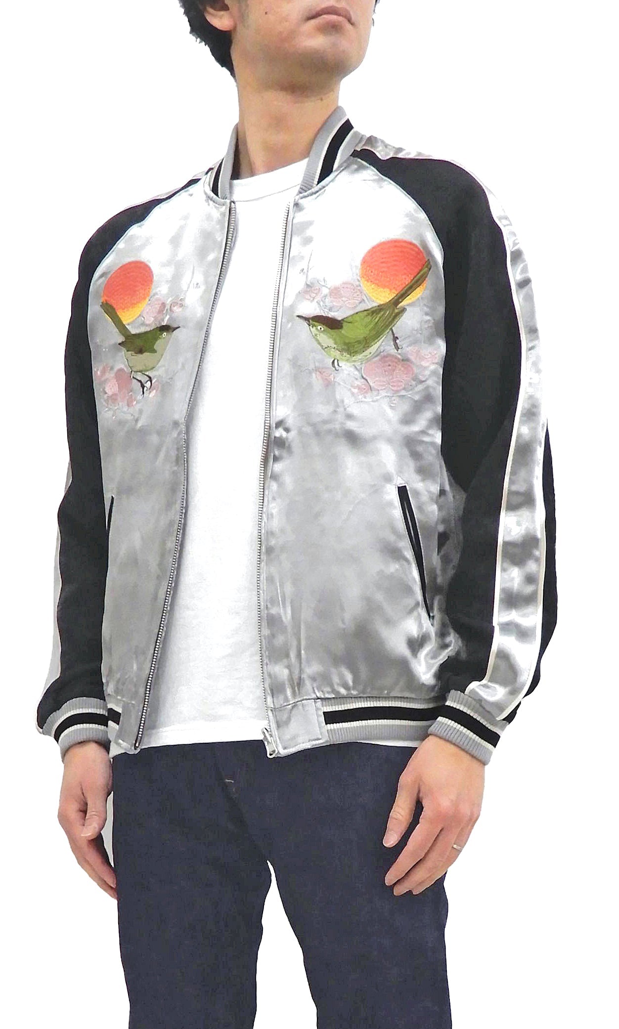 Japanesque Sukajan Men's Japanese Souvenir Jacket Japanese Bush Warbler 3RSJ-751 Gray/Black