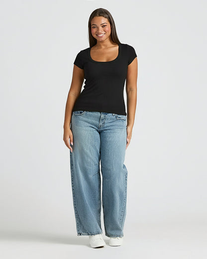 Womens Black Ribbed U-Neck Tee