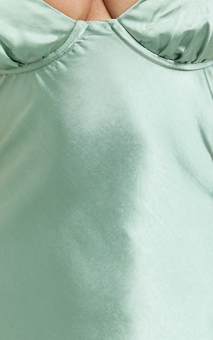 Heidi Maxi Dress - Satin Ruched Bust Tie Back Dress in Sage