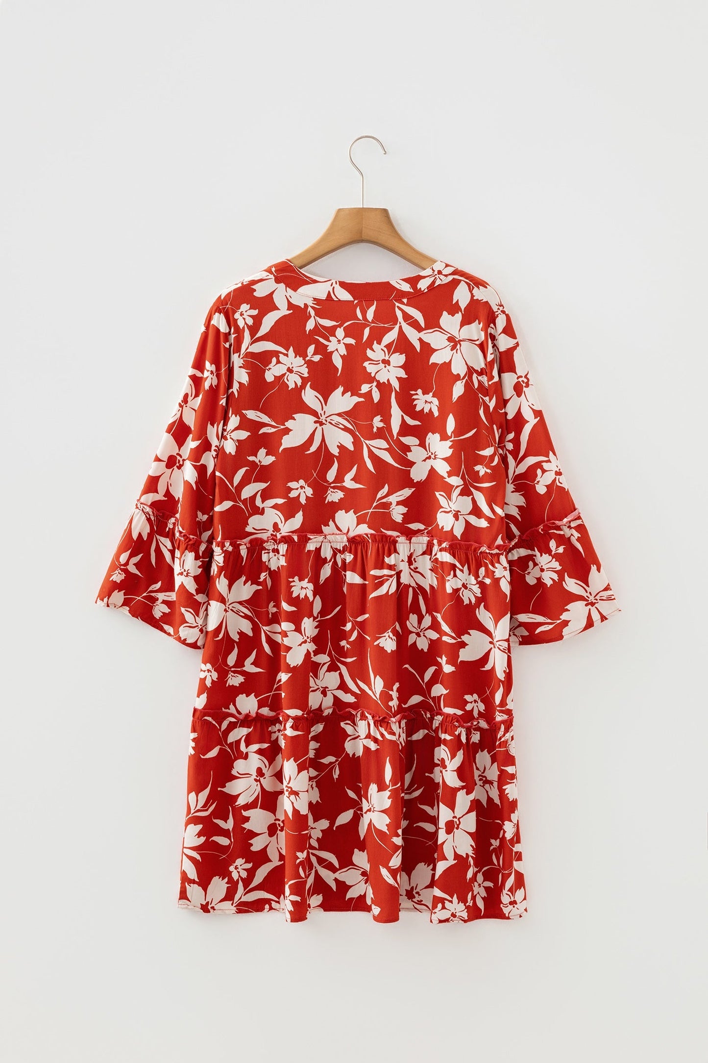 Blue Boho Floral Print Lettuce Trim 3/4 Sleeve Mini Dress