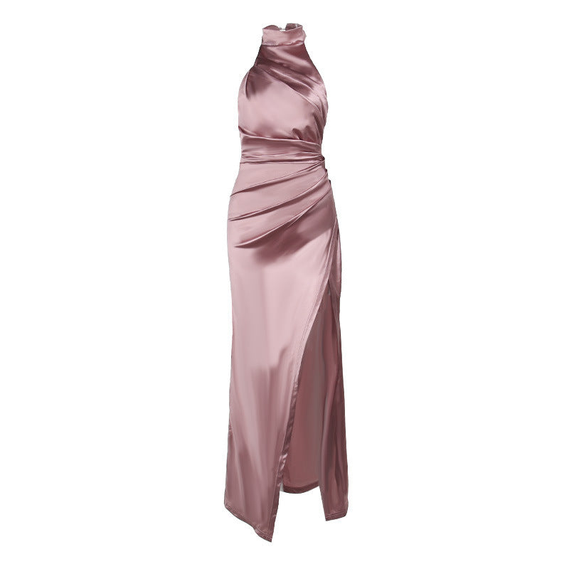 Elegant Stand-up Collar Long Dress Halter Neck Sleeveless Slit Slim Dress