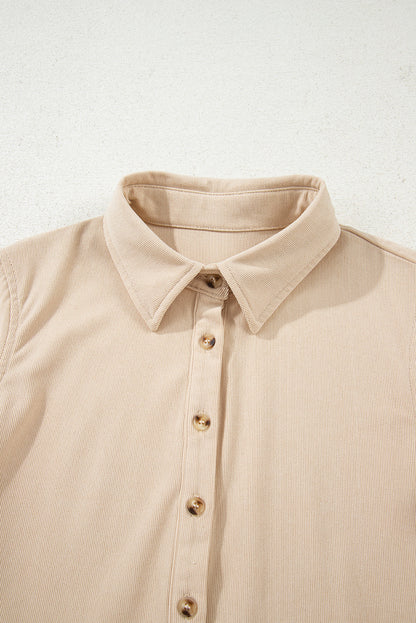 Oatmeal Corduroy Half Button Collared Long Sleeve Mini Dress