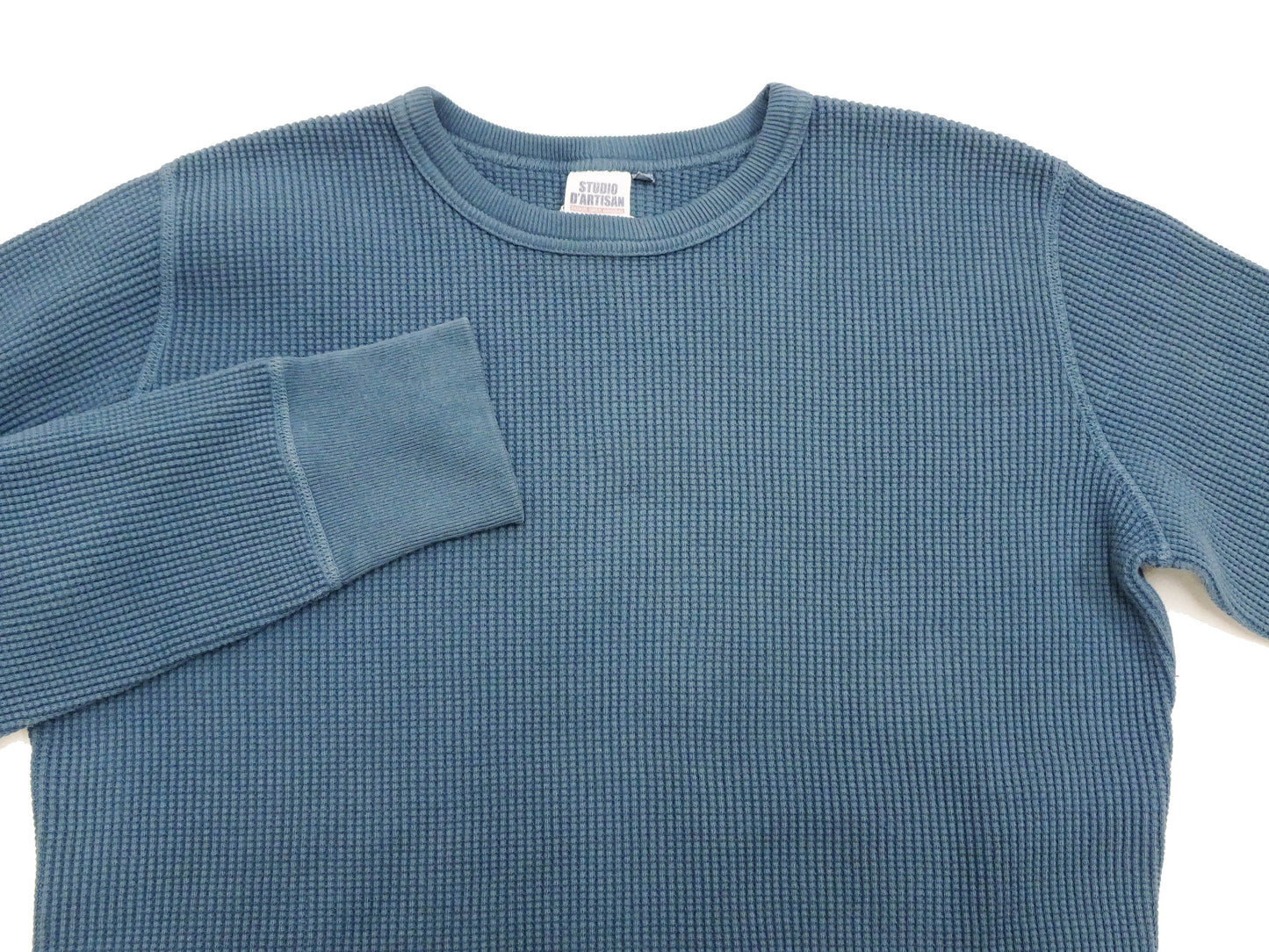 Studio D'Artisan Men's Heavyweight Waffle Knit Thermal Long Sleeve T-Shirt - 100% Cotton, Crew Neck, Ribbed Cuffs, Raw-edge hem, Made in Japan (SDA 9936) Faded-Blue