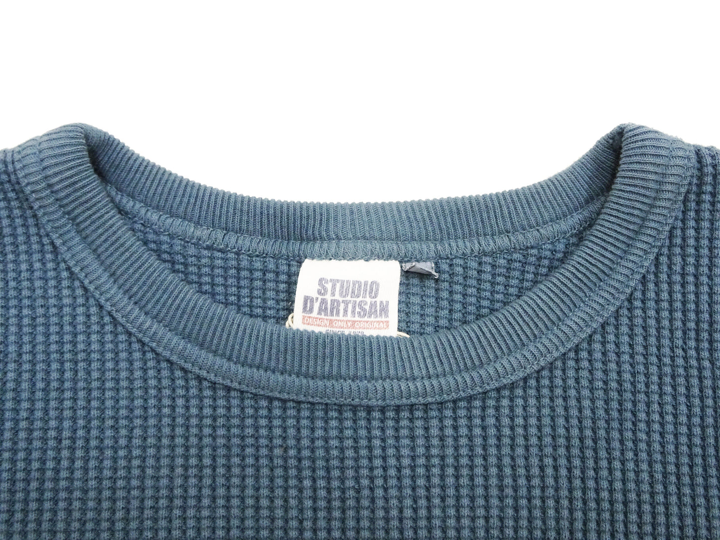 Studio D'Artisan Men's Heavyweight Waffle Knit Thermal Long Sleeve T-Shirt - 100% Cotton, Crew Neck, Ribbed Cuffs, Raw-edge hem, Made in Japan (SDA 9936) Faded-Blue