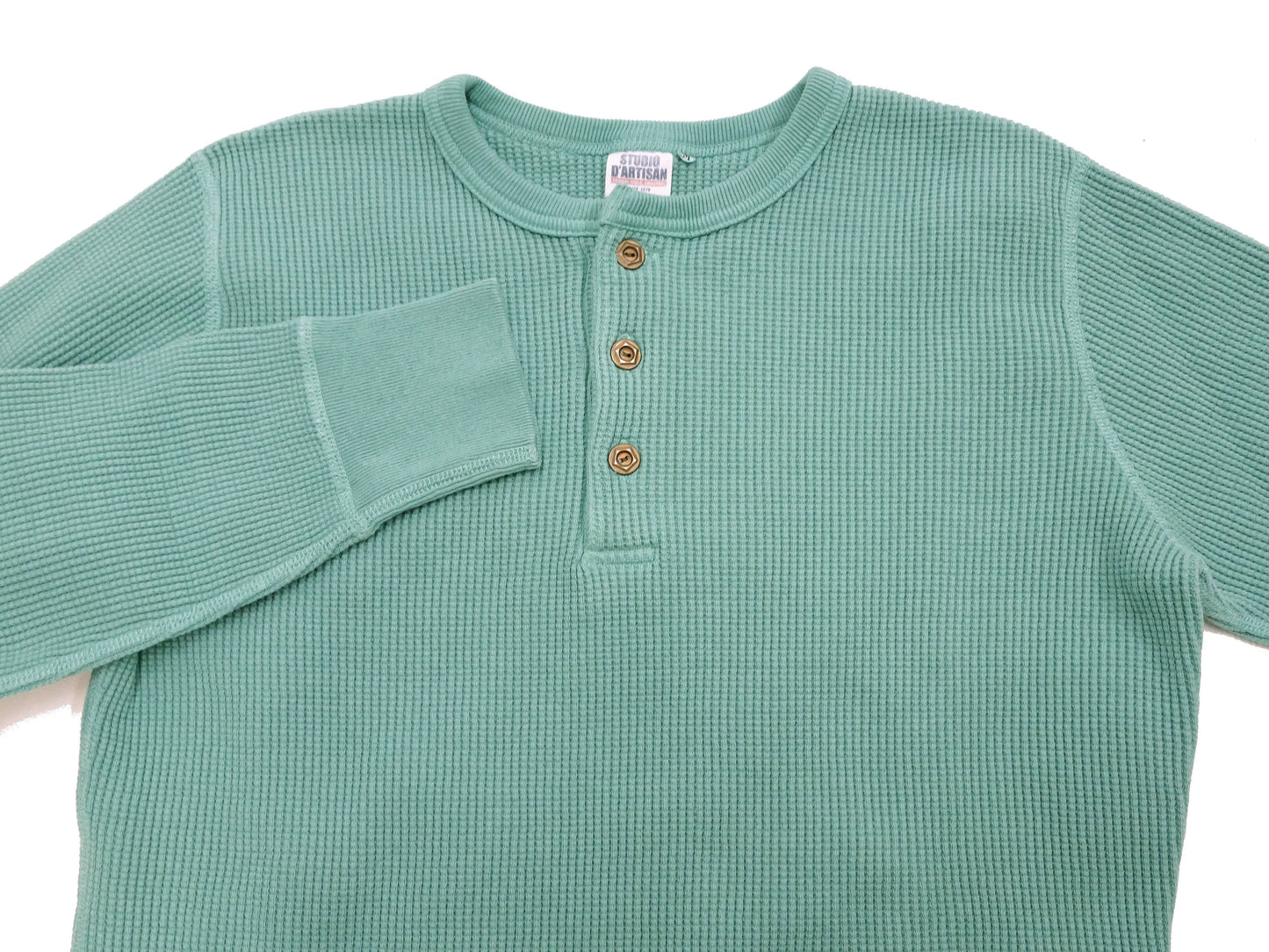 Studio D'Artisan Men's Heavyweight Waffle Knit Thermal Henley Long Sleeve T-Shirt - 100% Cotton, Ribbed Crew Neck Band, Ribbed Cuffs, Raw-edge hem, Made in Japan (SDA 9937) Emerald Green