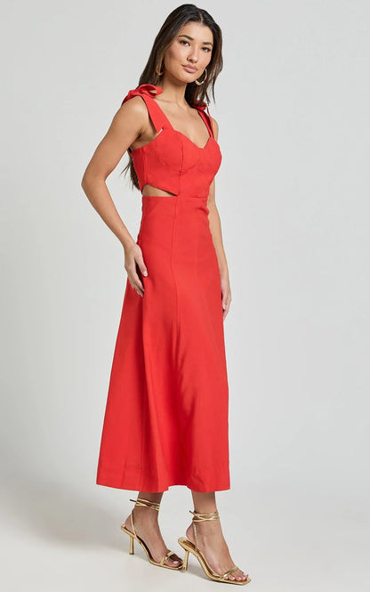 Giana Midi Dress - Shoulder Tie Cut Out Thigh Split Dress in Red
