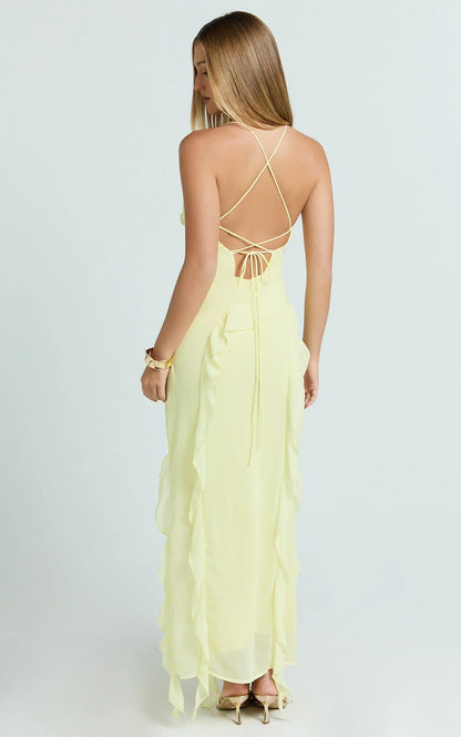 Connie Midi Dress - Ruffle Detail Dress in Lemon