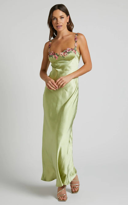 Harmony Midi Dress - Floral Detail Cup Bust Satin Dress in Citrus