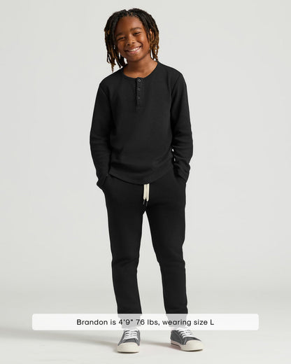 Boys' All Black Waffle Long Sleeve Curved Hem Henley 6-Pack