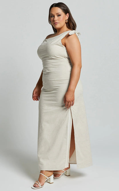 Cincinnati Midi Dress - Off The Shoulder Side Split Column Linen Dress in Beige