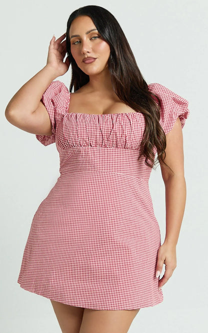 Ginny Mini Dress - Square Neck Ruched Bodice Puff Sleeve Straight Dress in Red Gingham