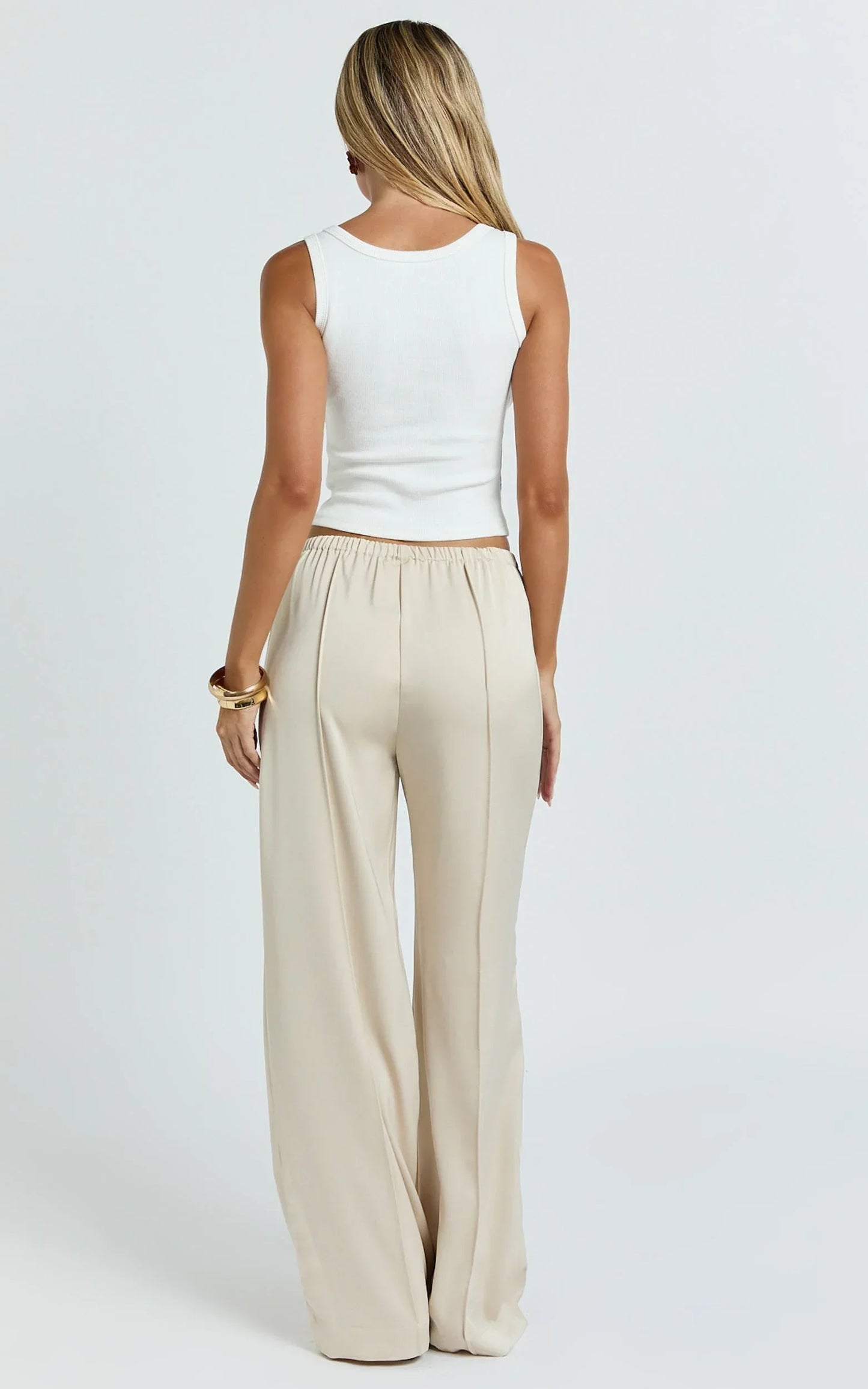 Faye Pants - Low Waist Elastic Waist Wide Leg Pants in Neutral