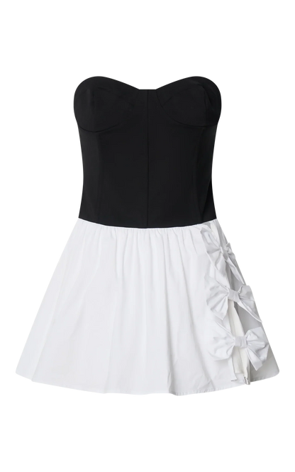 Adelita Mini Dress - Strapless Contrast Colour Bodice Gathered Poplin Skirt Dress in Black