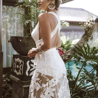 Spring Summer Women Clothes Dress Sexy Lace Cutout Backless Beach Maxi Dress