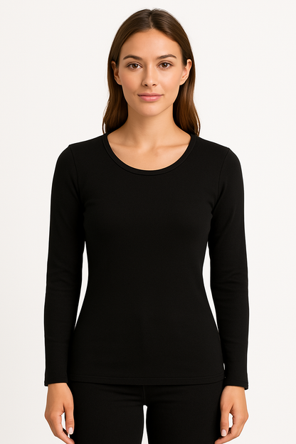 2Pcs Set Womens Cotton Crew Neck Thermal Long Sleeve Top Pants Underwear Thermals In Black