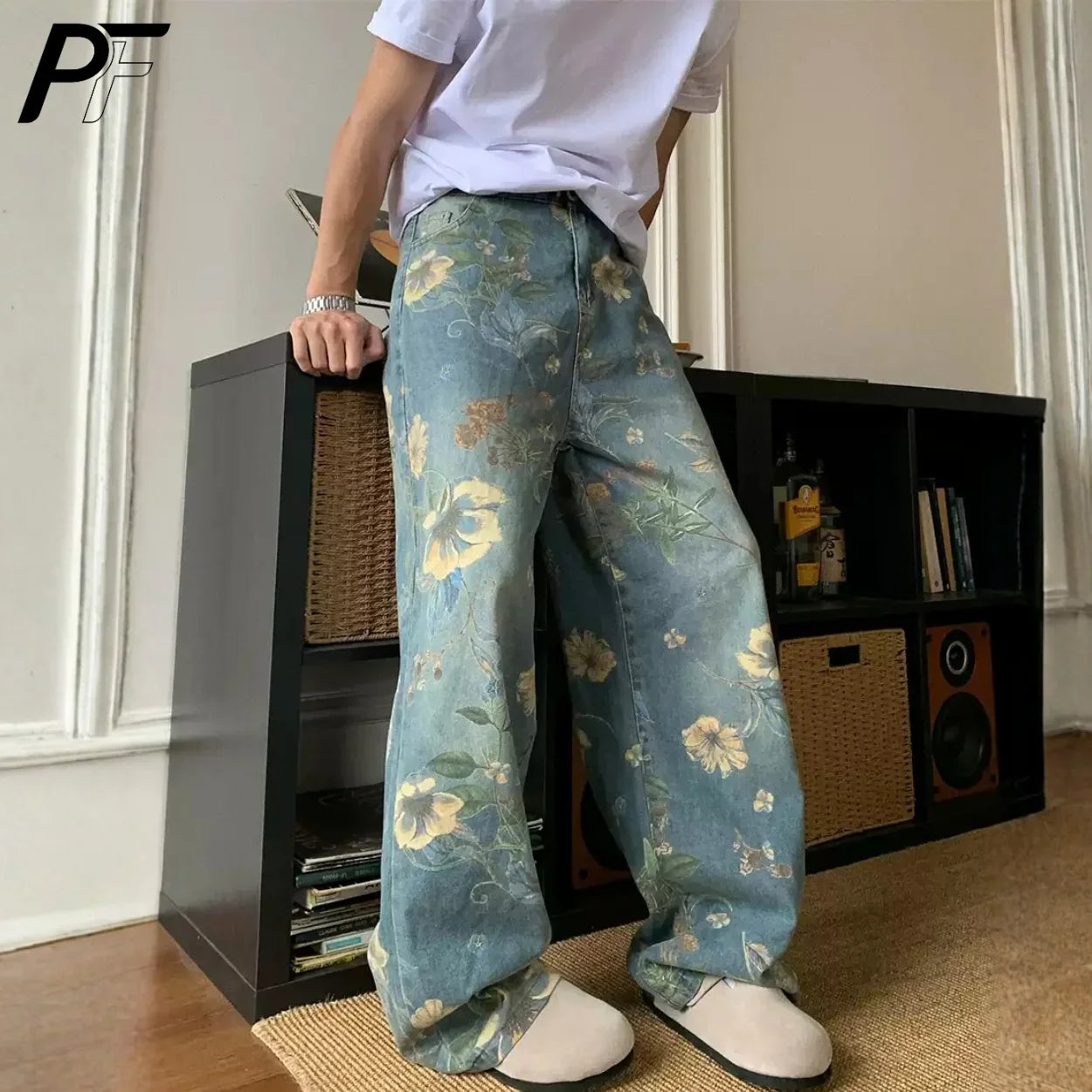2026 New Vintage Floral Print Wide Leg Denim Pants Y2K High Waisted Distressed Washed Jeans Streetwear Loose Casual Trousers