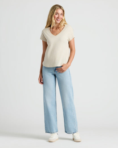 Womens Black & Oatmeal Relaxed Slub V-Neck Tee 4-Pack