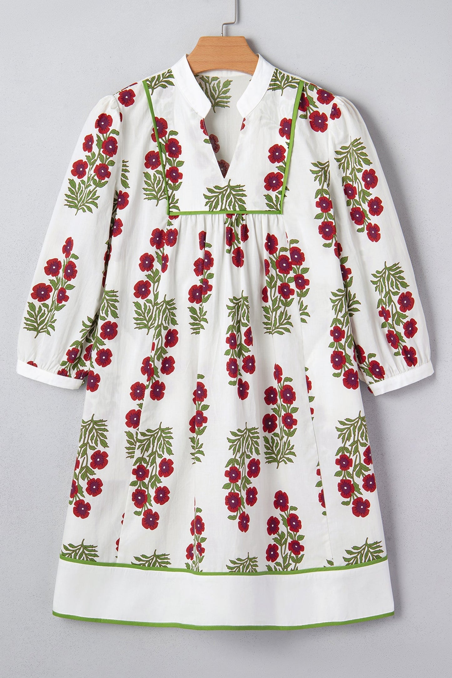 White Frilled V Neck 3/4 Sleeve Loose Floral Dress