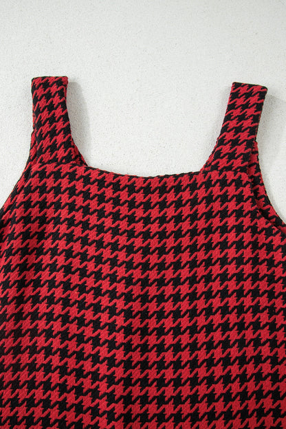 Khaki Houndstooth Print V Neck Sleeveless Mini Dress