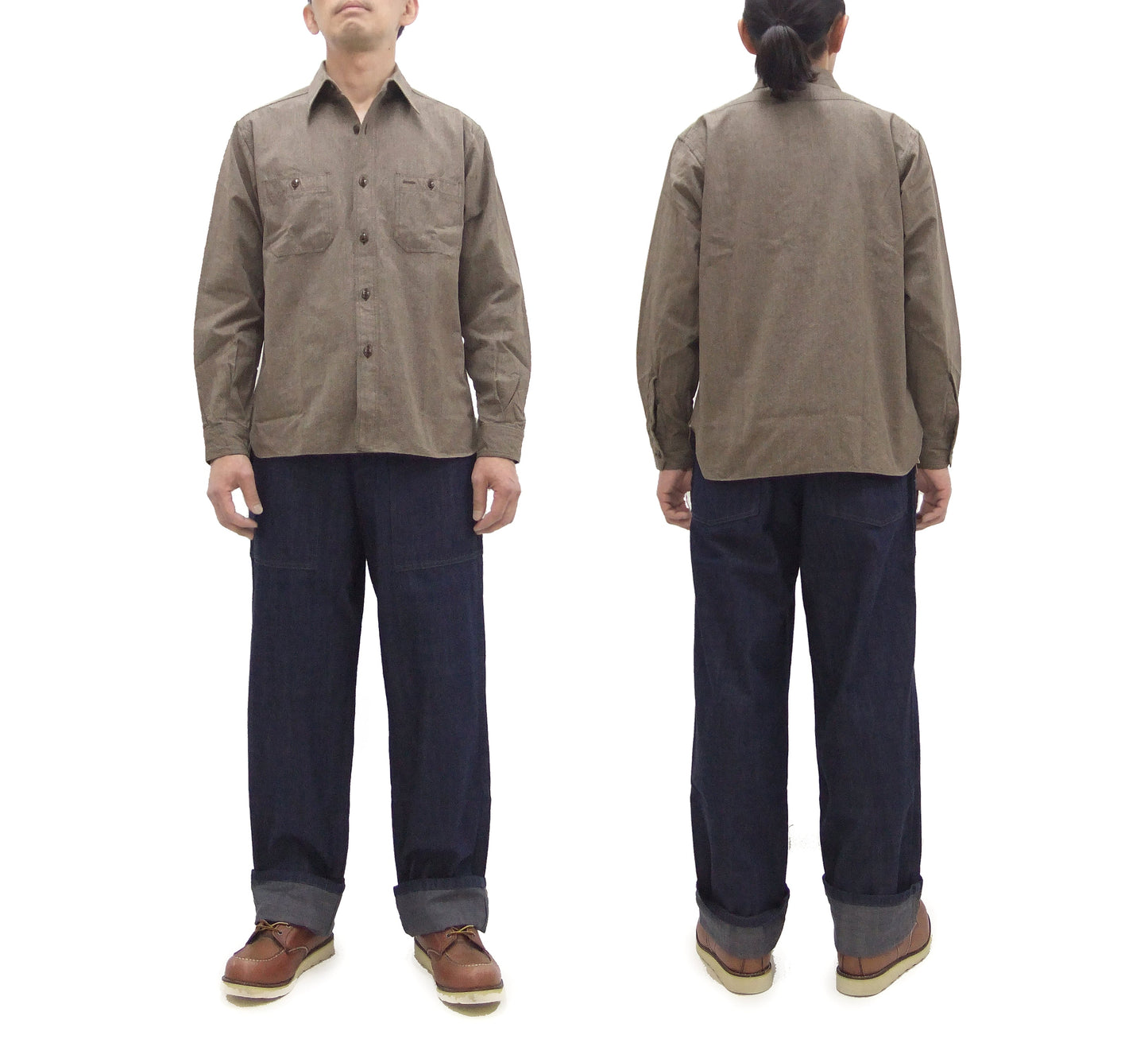 Buzz Rickson Cotton Covert Work Shirt - Men's Casual Vintage-Style Long Sleeve Button Up Shirt BR26082 138 Heathered-Brown