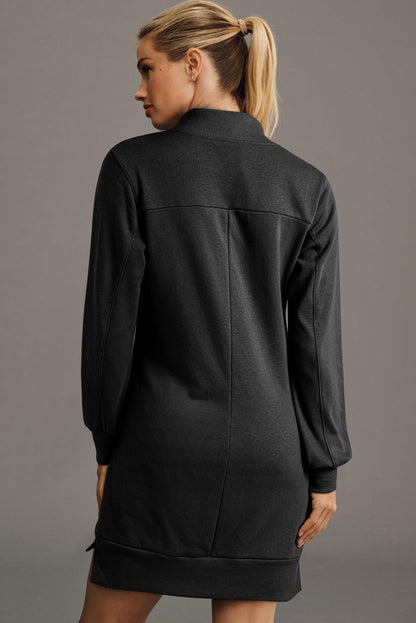 Black Zip up Collared Ribbed Patchwork Sweatshirt Dress with Pockets
