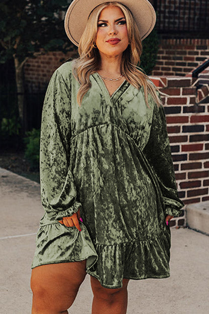Jungle Green Plus Size Velvet Babydoll Mini Dress