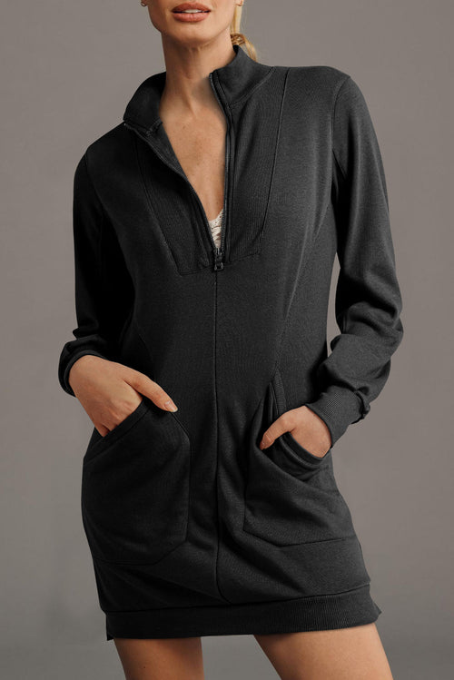 Black Zip up Collared Ribbed Patchwork Sweatshirt Dress with Pockets