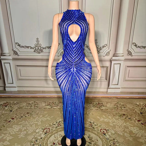 Womens Sexy Mesh Hollow-Out Nightclub Stage Dress Performance Outfit Evening Gown