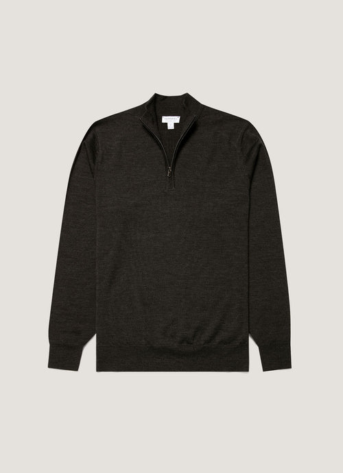 Mens Fine Merino Wool Zip Neck In Charcoal Melange
