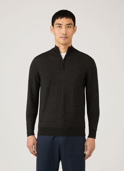 Mens Fine Merino Wool Zip Neck In Charcoal Melange