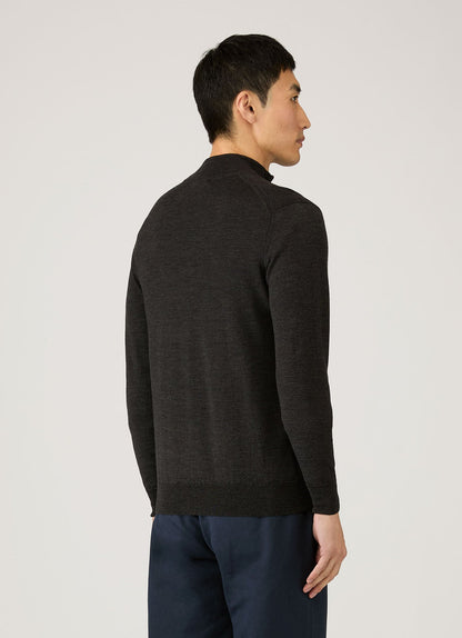 Mens Fine Merino Wool Zip Neck In Charcoal Melange