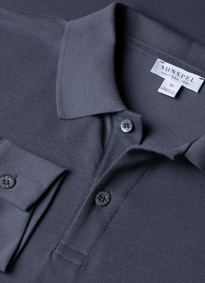 Mens Long Sleeve Pique Polo Shirt In Slate Blue Mpol1065 Buua