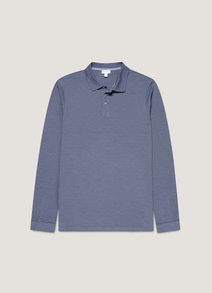 Mens Long Sleeve Pique Polo Shirt In Selvedge Blue Mpol1065 Buwf