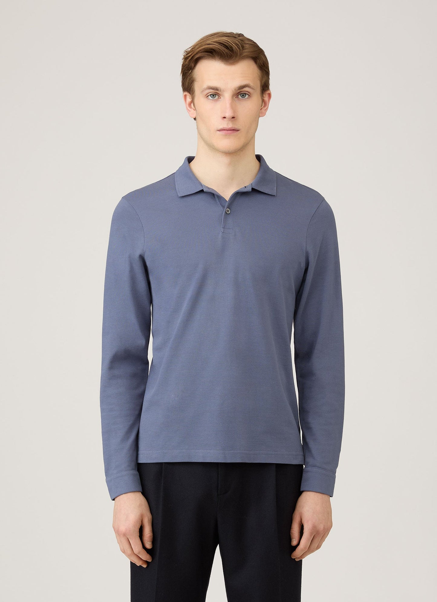 Mens Long Sleeve Pique Polo Shirt In Selvedge Blue Mpol1065 Buwf