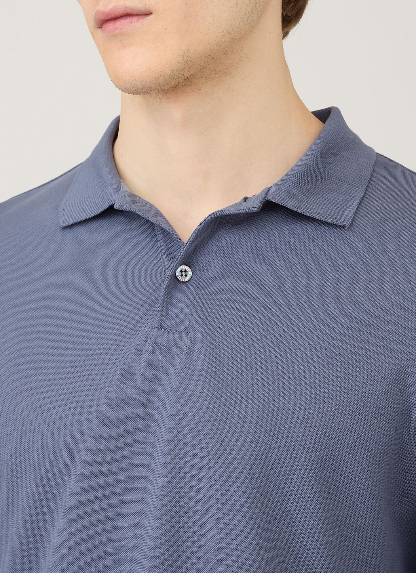 Mens Long Sleeve Pique Polo Shirt In Selvedge Blue Mpol1065 Buwf