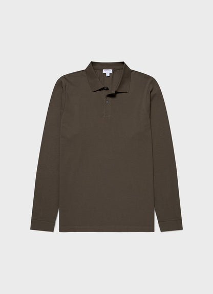 Mens Long Sleeve Pique Polo Shirt In Khaki Mpol1065 Gngy
