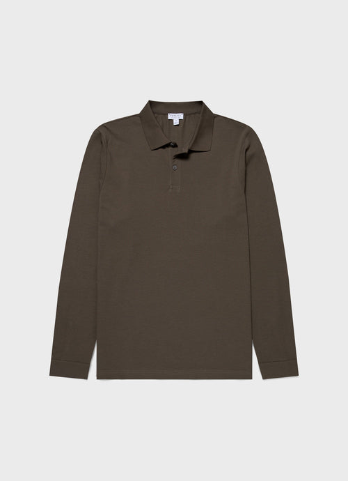 Mens Long Sleeve Pique Polo Shirt In Khaki Mpol1065 Gngy