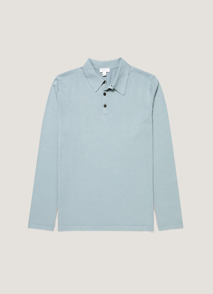 Mens Long Sleeve Sea Island Cotton Knit Polo Shirt In Stone Blue Mpol8047 Buwt