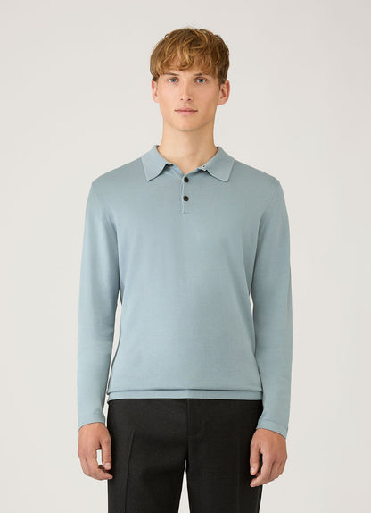 Mens Long Sleeve Sea Island Cotton Knit Polo Shirt In Stone Blue Mpol8047 Buwt